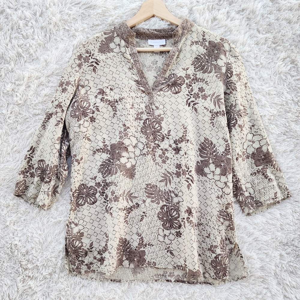 Charter Club Beige‎ Linen Tropical Print Shirt
